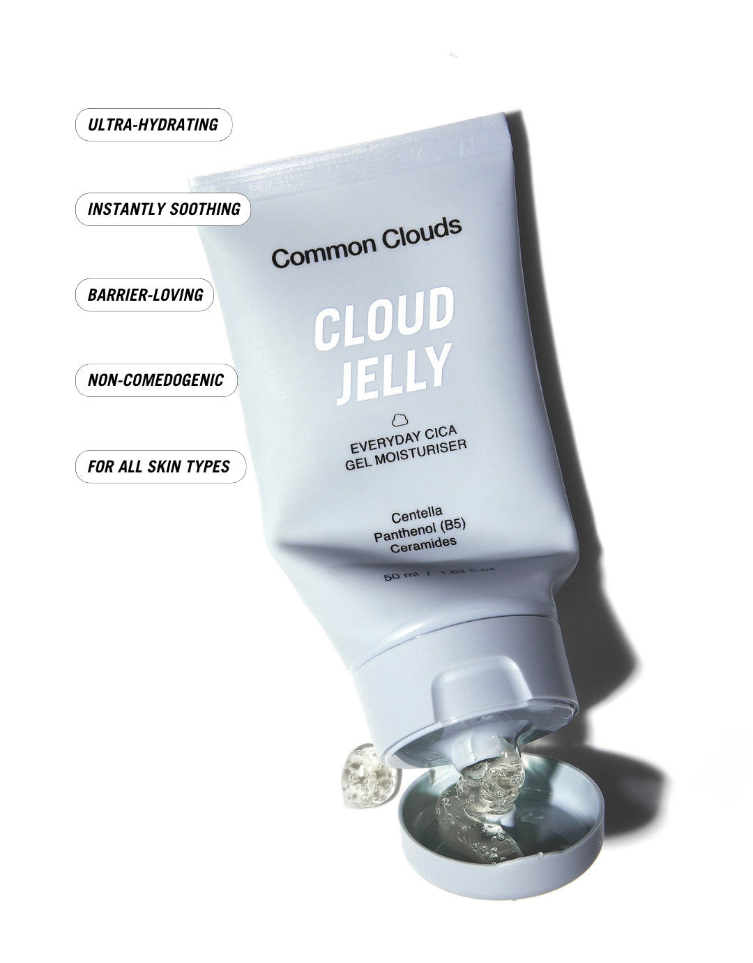 A tube of 'Cloud Jelly' moisturizer with text highlighting its benefits for all skin types, instant hydration, and non-comedogenic ingredients.