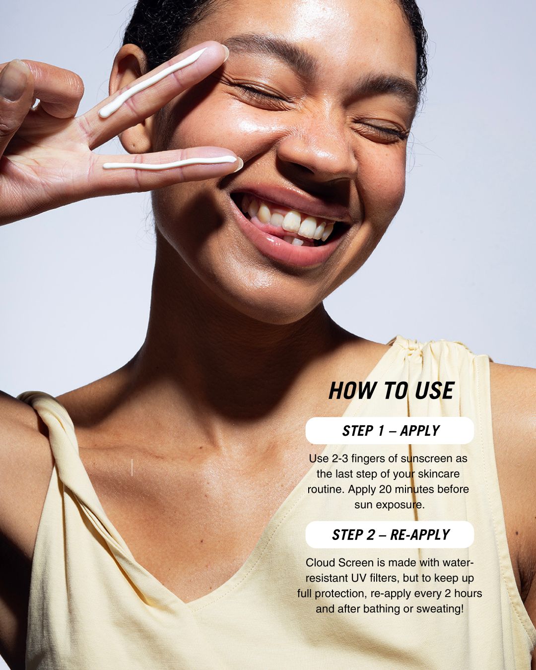 Woman applying sunscreen, following Cloud Screen’s how-to-use steps, with instructions for SPF application and reapplication.