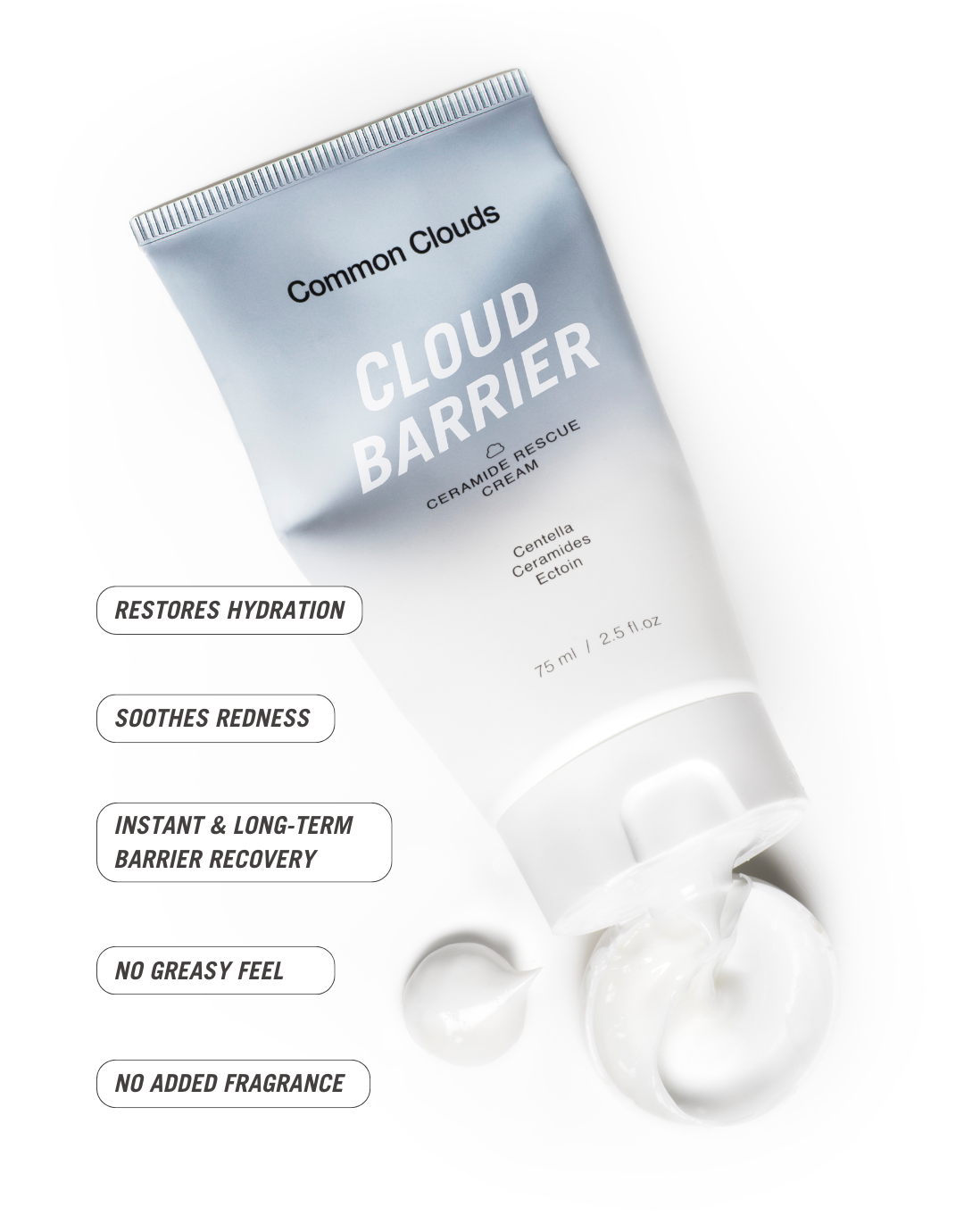 Tube of Common Clouds Cloud Barrier cream with text highlighting its benefits on a white background.