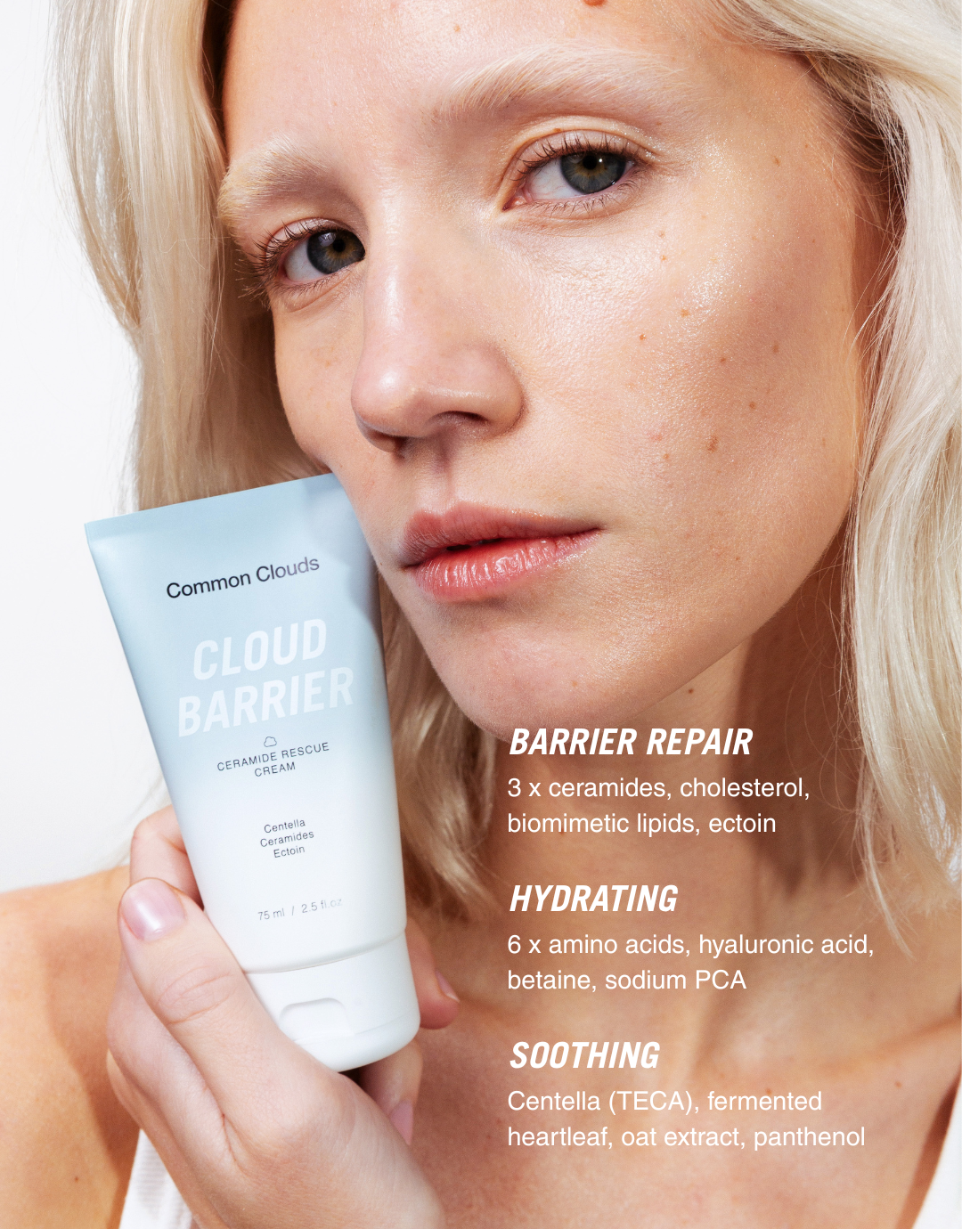 Woman holding a tube of Common Clouds Cloud Barrier cream with product details on a white background.