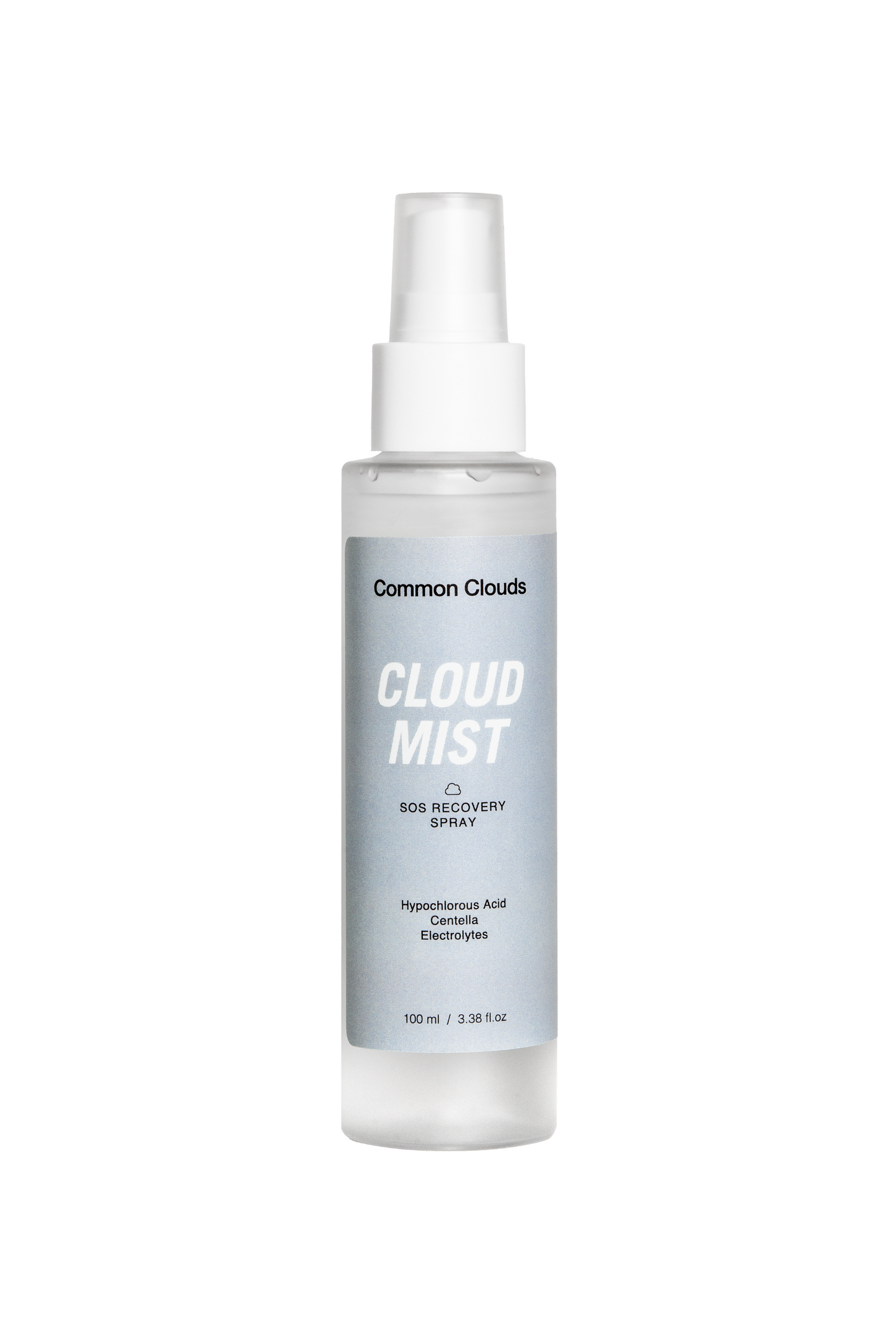 Packshot of Common Clouds "Cloud Mist" SOS Recovery Spray. A clear bottle with a white spray cap and soft blue label. The formula includes hypochlorous acid, centella, and electrolytes.