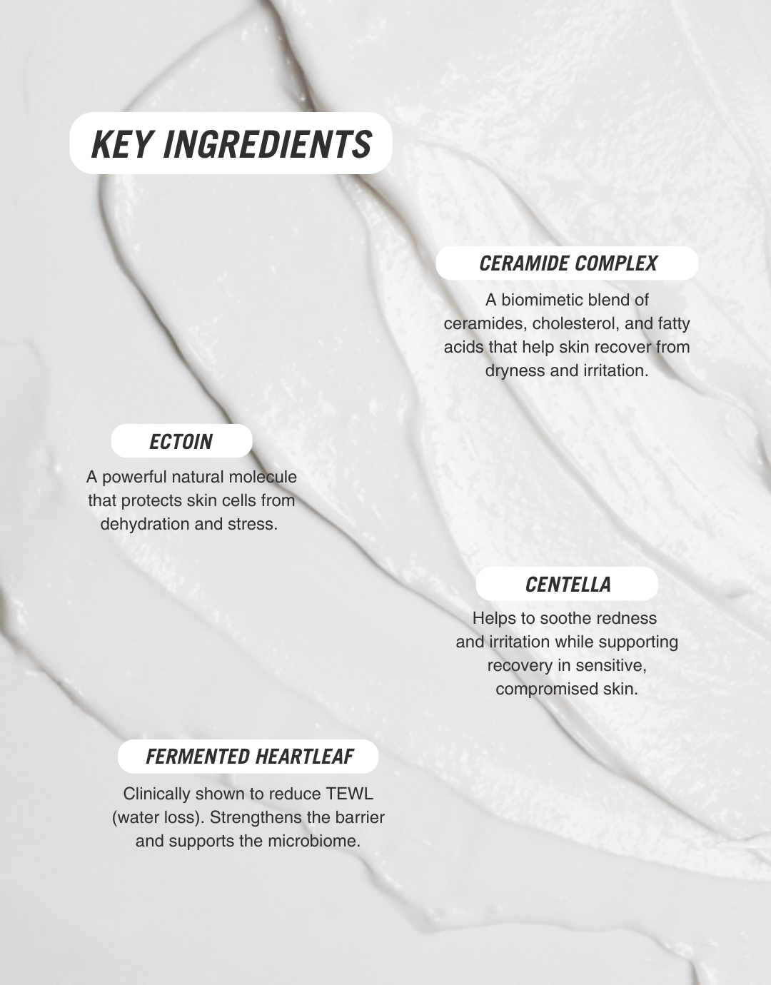 Key ingredients list listed on a white background
