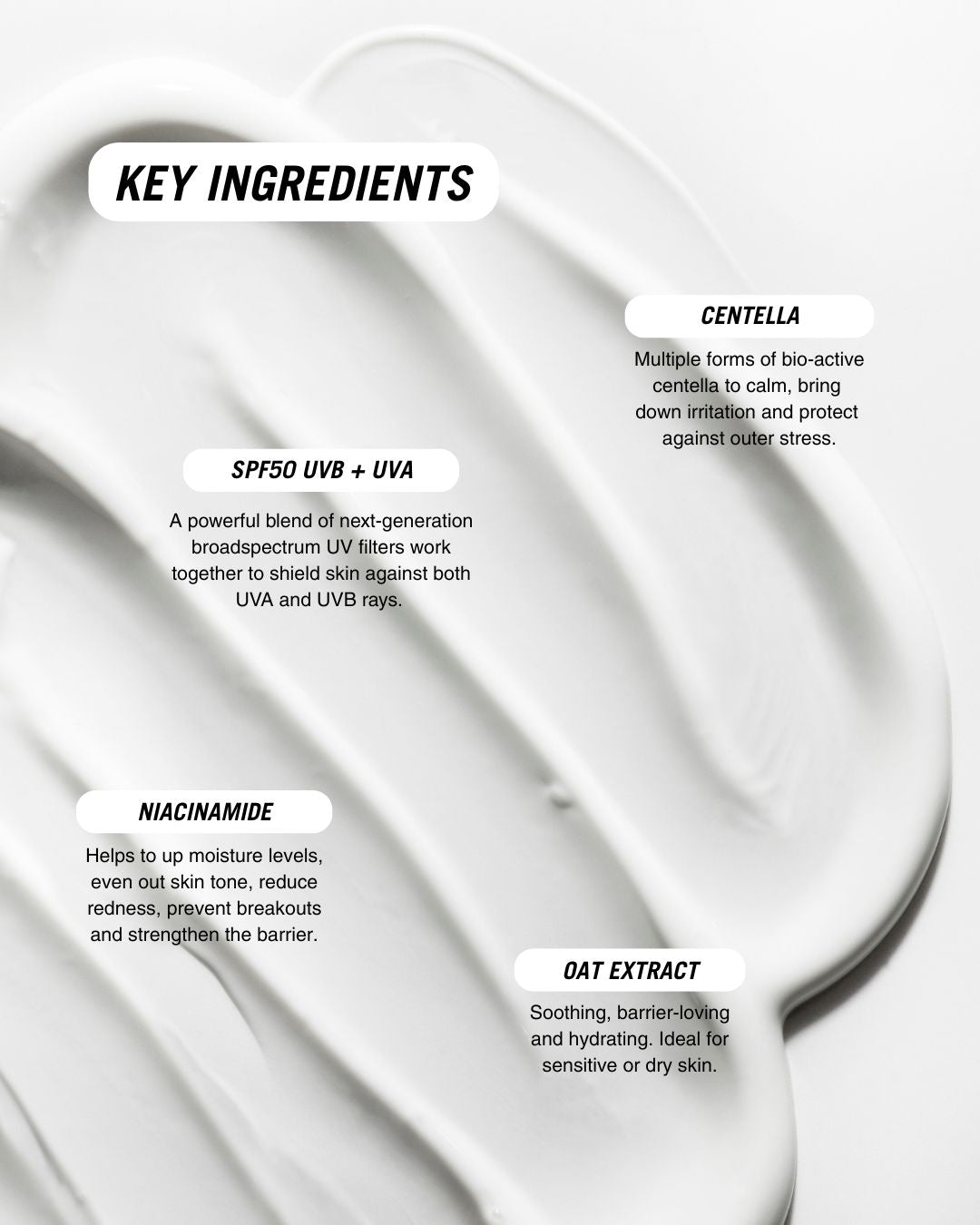 Key ingredients of Cloud Screen UVB + UVA protection, Niacinamide for moisture, Centella Asiatica to calm, and Oat Extract for hydration and soothing.