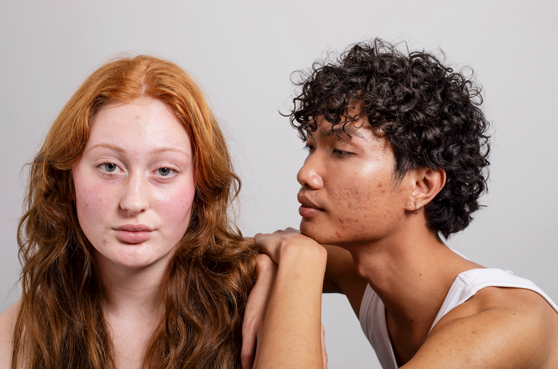 Girl and boy with acne wearing pimple patches