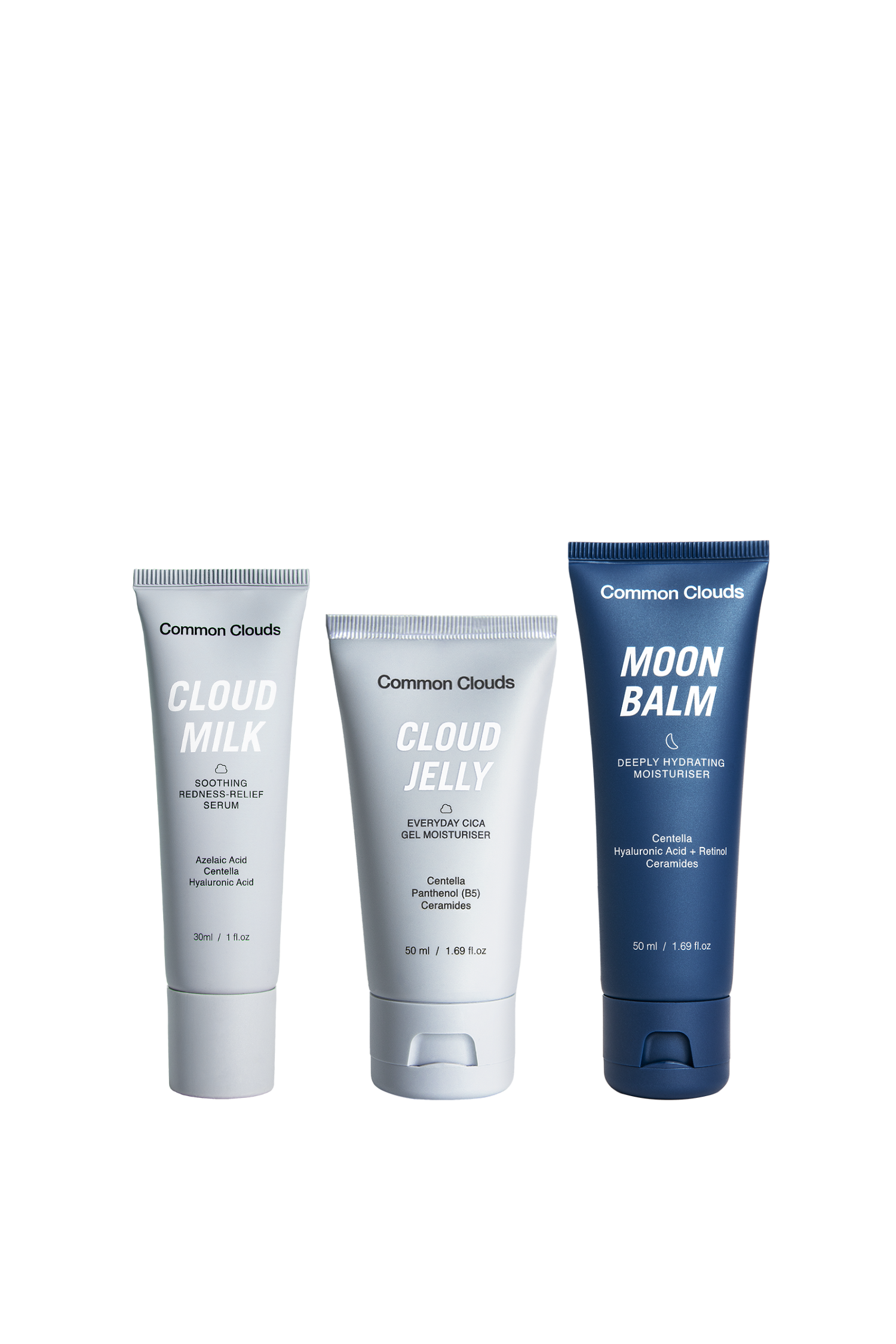 Three tubes of Common Clouds skincare products on a white background