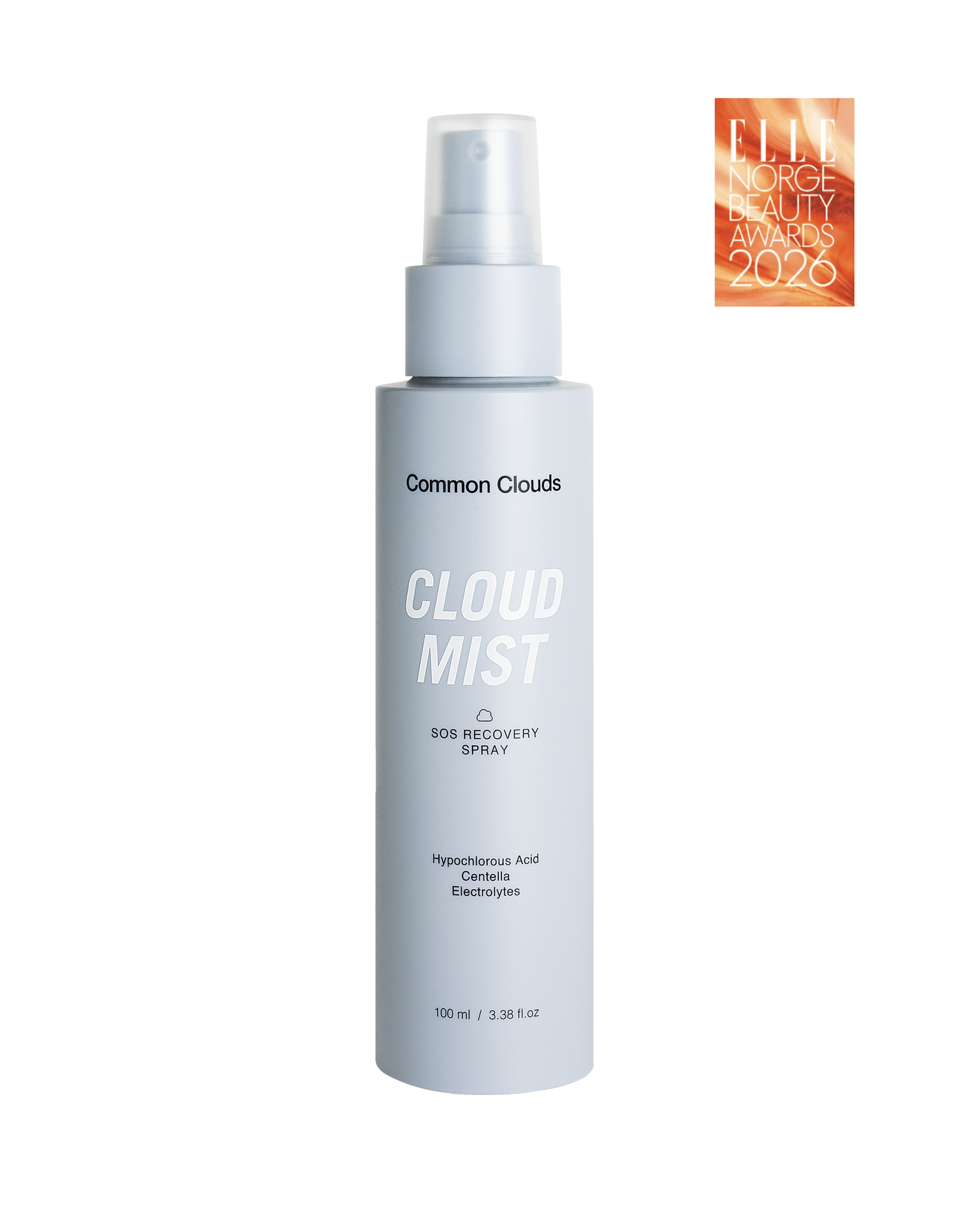 Common Clouds Cloud Mist SOS Recovery Spray in a light blue bottle shown on a white background with an Elle Beauty Awards 2026 icon. 
