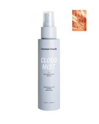 Common Clouds Cloud Mist SOS Recovery Spray in a light blue bottle shown on a white background with an Elle Beauty Awards 2026 icon. 