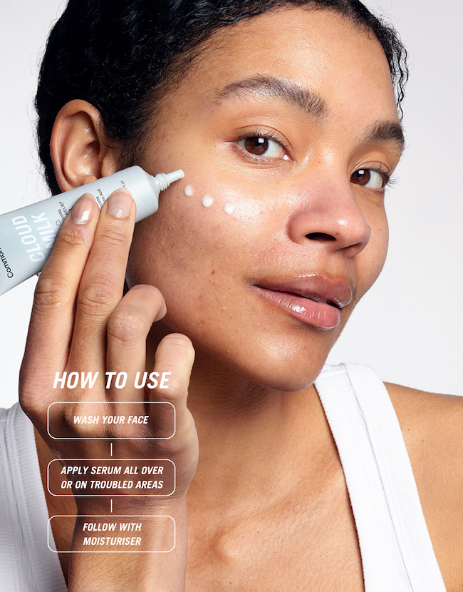 Woman applying soothing redness relief serum to her face with text in three steps on how to use it.
