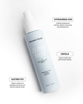 Common Clouds Cloud Mist bottle on a white background with text about its ingredients.