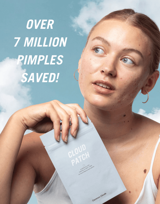 Girl showing a package of Cloud Patch by Common Clouds and a text describing that over 7 million pimples are saved!