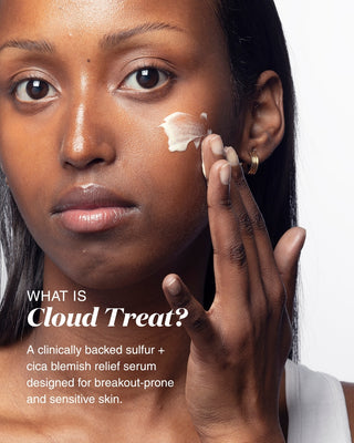 Woman applying a skincare product to her face with text about 