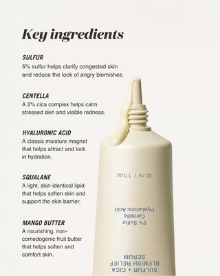 Skincare serum tube with key ingredients listed on a white background