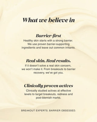 Text on a beige background about skincare beliefs and products.