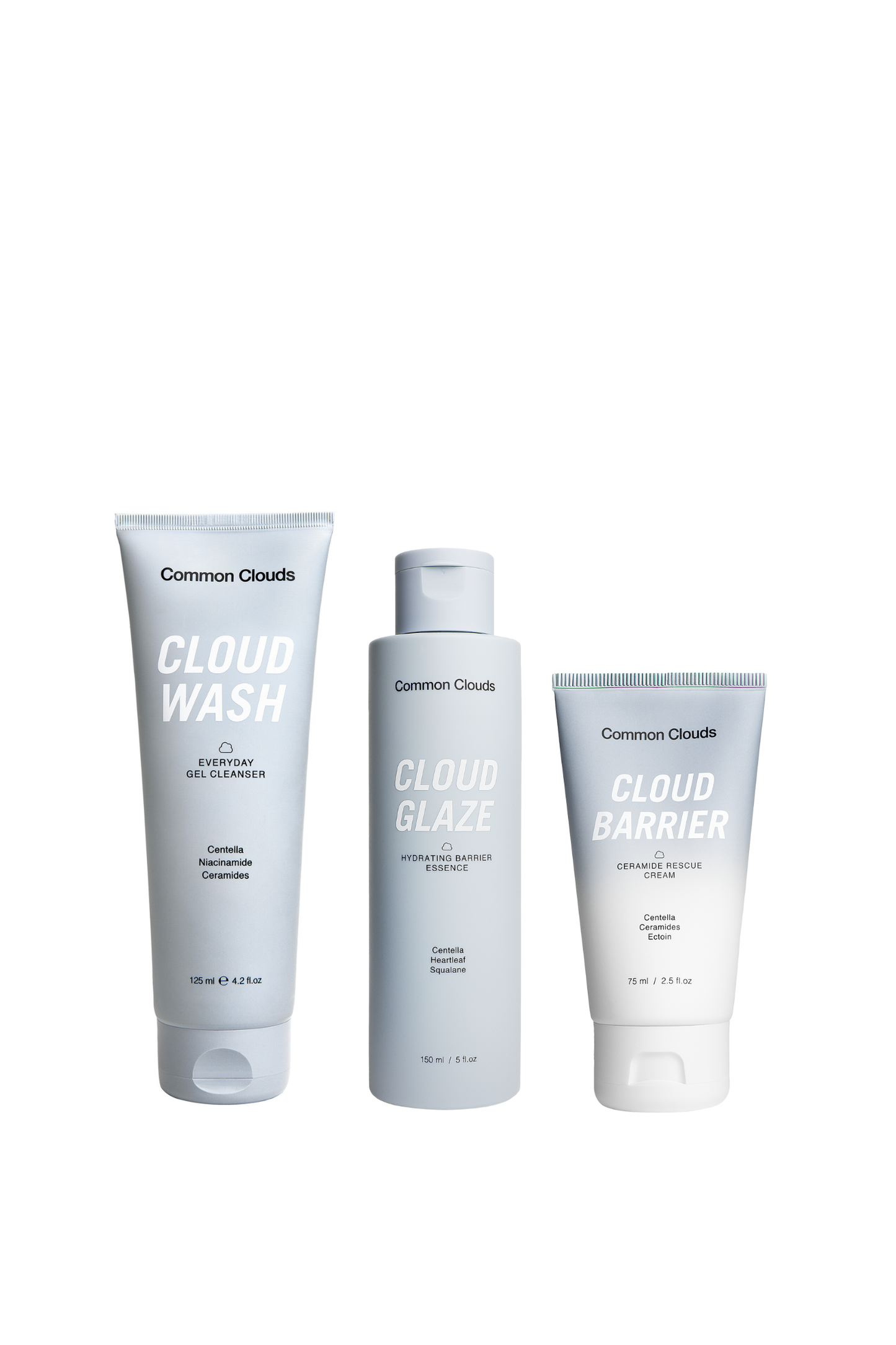 Three Common Clouds skincare products on a white background