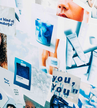 Collage of various cosmetic products and branding elements with a focus on blue tones.