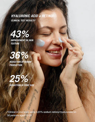 A woman with closed eyes applies a blue gel to her nose and cheek, with text overlays detailing clinical test results for moon balm