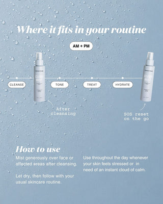 A skincare routine infographic on a light blue water-droplet background. Labeled steps: 