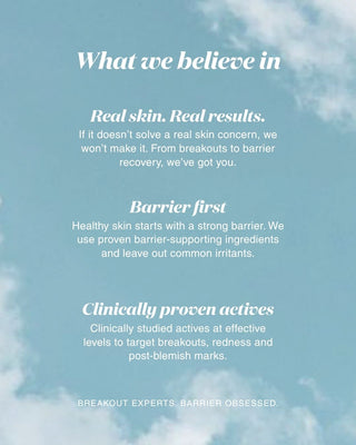 A text-based marketing graphic on a light blue sky background with white clouds. The white text reads: 