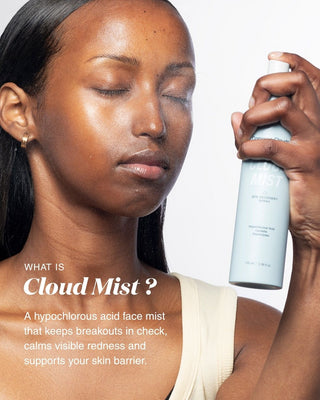 A woman with closed eyes holds a bottle of Cloud Mist face mist against a white background, with text on the left explaining the product.