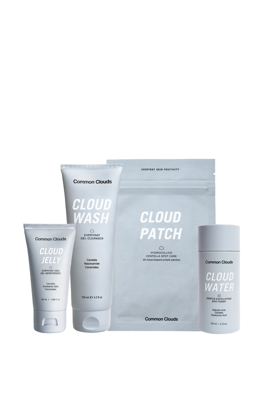 Collection of Common Clouds skincare products including Cloud Wash, Cloud Patch, Cloud Jelly, and Cloud Water on a white background.