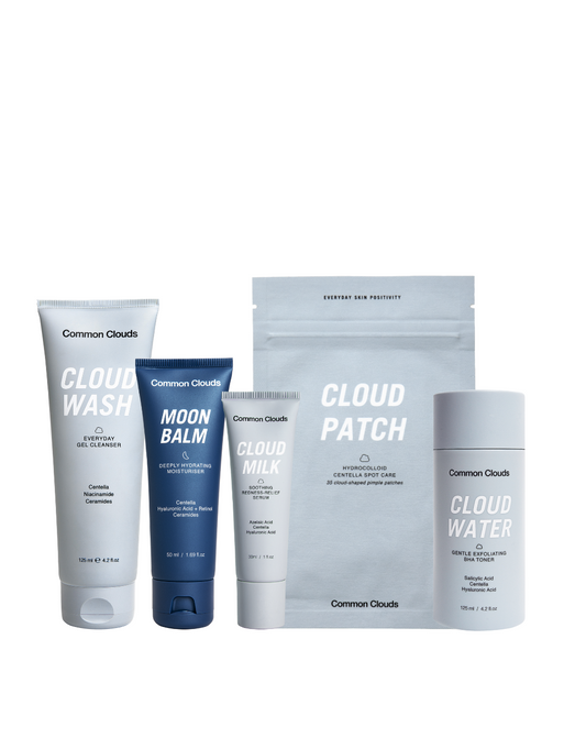 The Full Routine skincare set from Common Clouds featuring Cloud Wash, Moon Balm, Cloud Milk, Cloud Patch, and Cloud Water on white background.